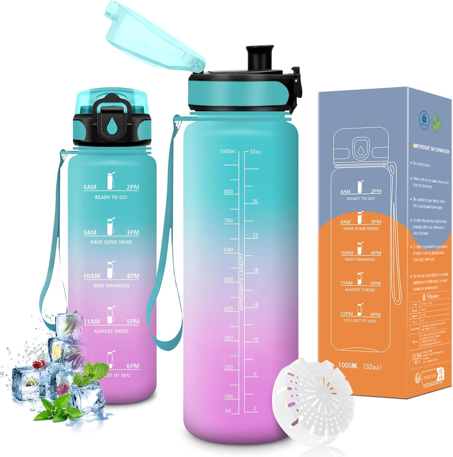 Vikaster 1L Leak-Proof Sports Water Bottle with Time Marker